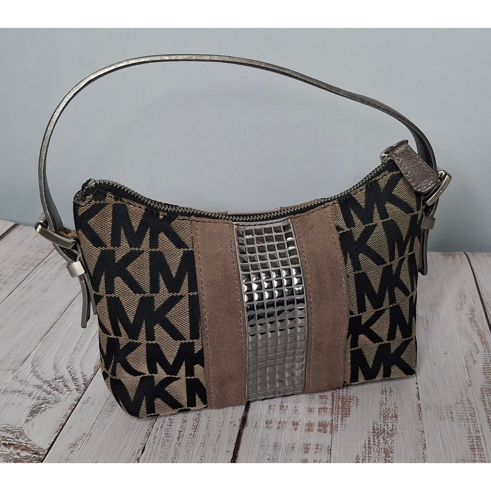 Michael Kors Y2K Studded MK Monogram Canvas Baguette Pouch Pewter Strap A-0707 *